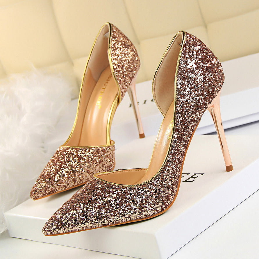 Women's Pumps; sexy women's high-heeled shoes; thin heel pointed leather shoes; hollow sides; sequins decoration