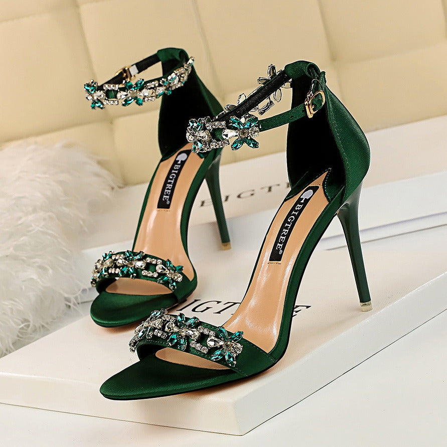 Women's Pumps; Sexy high-heeled shoes; formal women's shoes for banquet party; thin heel high-heeled shoes; satin open toe rhinestone one word sandals