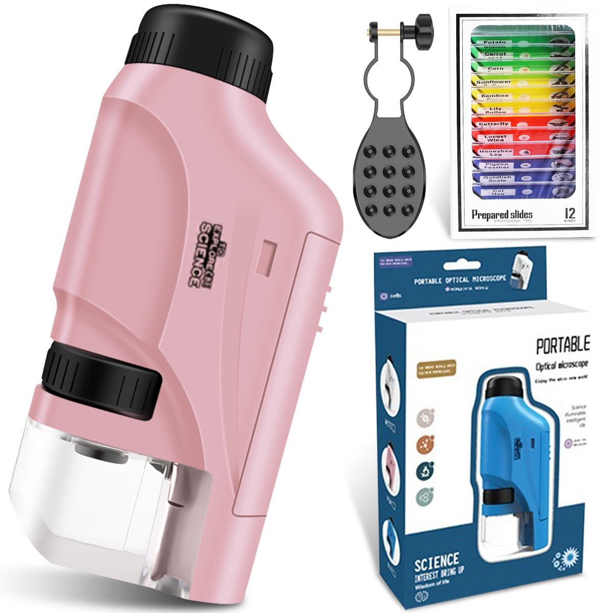 Electric Mini Microscope 60-120x Pocket Microscope; With LED Light Portable High Definition Children Microscope; With Specimens For Kids Students Micr