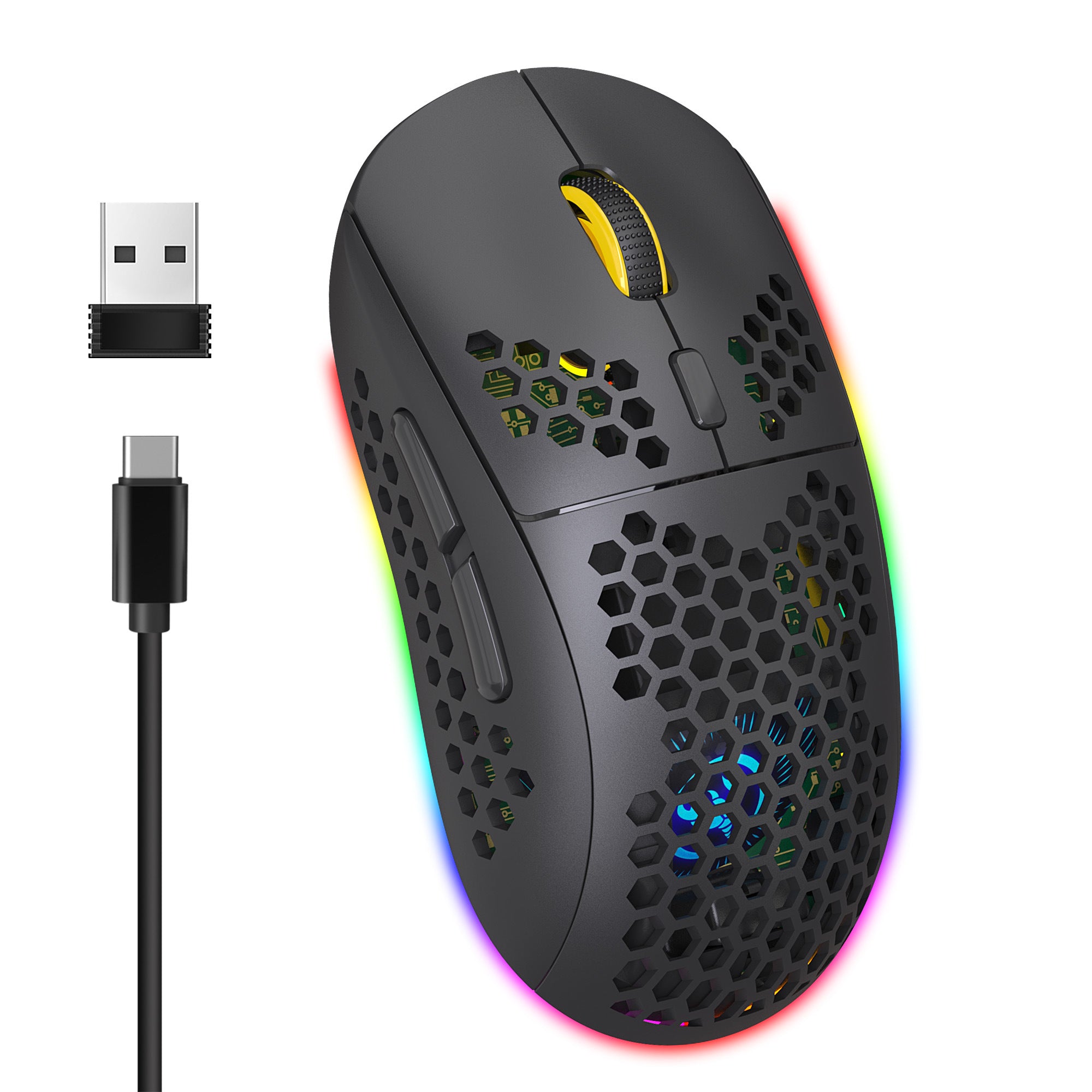 HXSJ New USB Wireless Three-mode Mouse RGB Light Rechargeable 3600DPI Adjustable T90 Cellular Design For Home Office