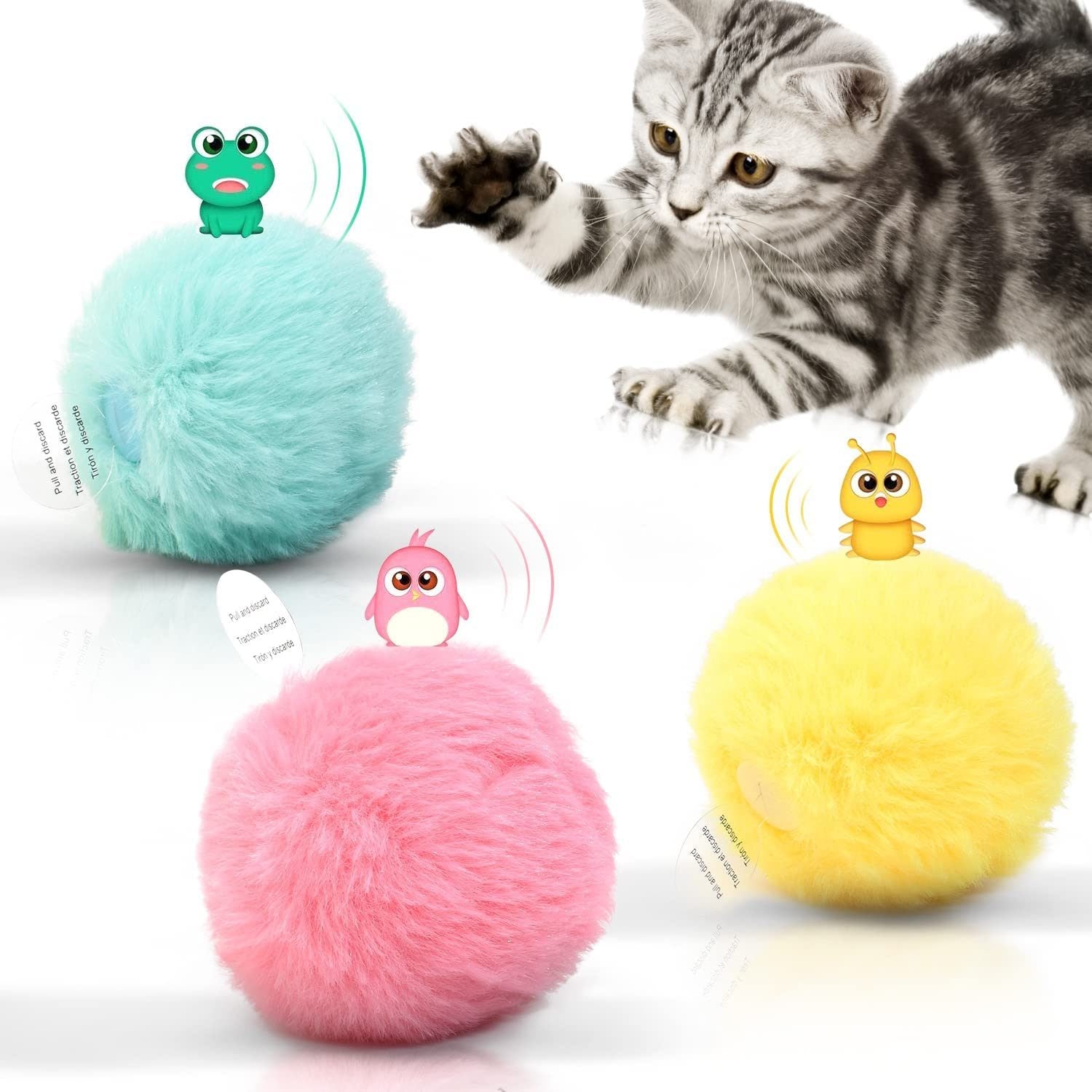 Potaroma Chirping Cat Toys Balls with SilverVine Catnip; 2022 Upgraded; 3 Pack Fluffy Interactive Cat Kicker; 3 Lifelike Animal Sounds; Kitty Kitten Catnip Exercise Toys