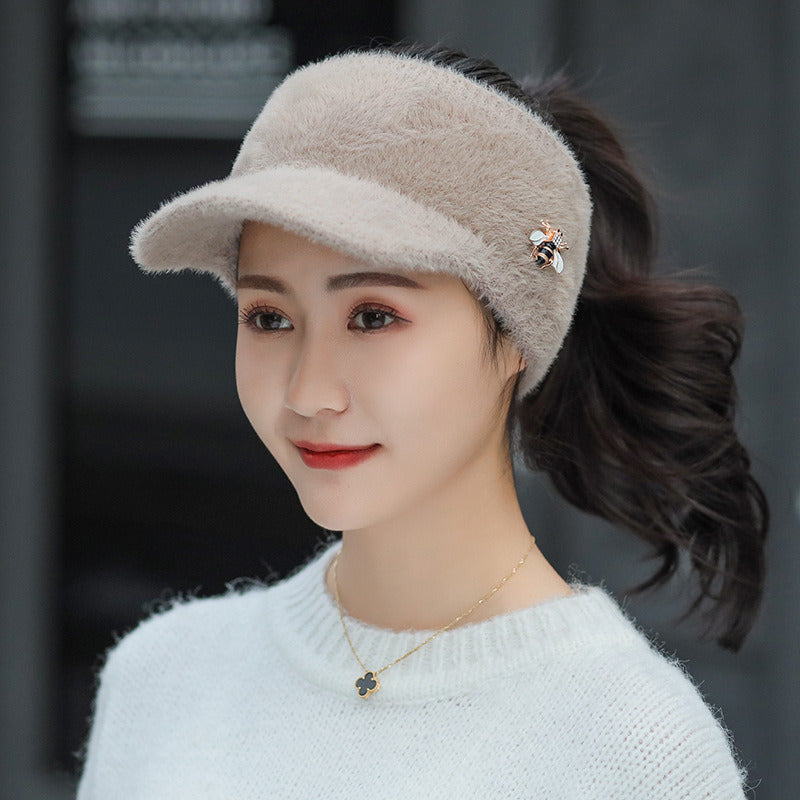 Woman Girl Mink Hair Visor Cap Bee Knitted Autumn Winter Hat Solid Color Elastic Cycling Running Golf Empty Top Cap