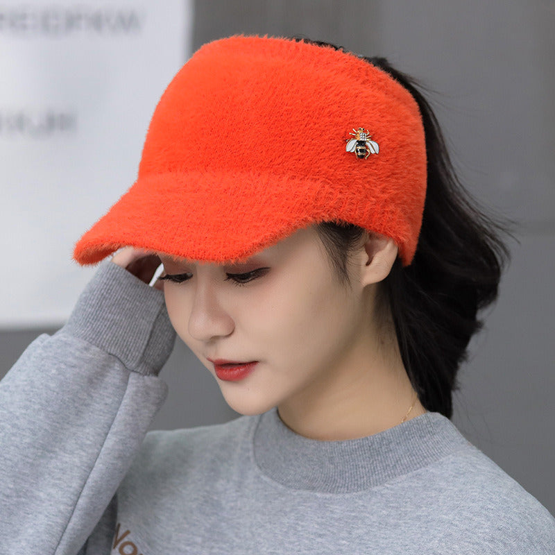 Woman Girl Mink Hair Visor Cap Bee Knitted Autumn Winter Hat Solid Color Elastic Cycling Running Golf Empty Top Cap