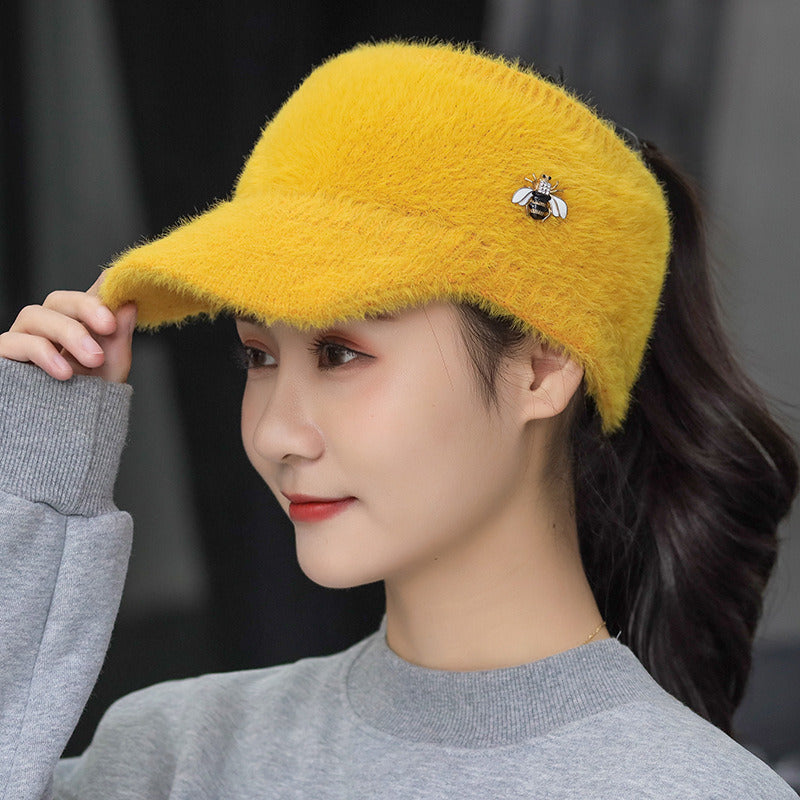 Woman Girl Mink Hair Visor Cap Bee Knitted Autumn Winter Hat Solid Color Elastic Cycling Running Golf Empty Top Cap