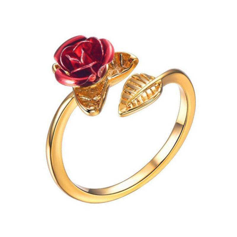 Rose Flower Leaves Opening Ring For Women Flowers Adjustable Finger Ring Valentine's Day Engagement Jewelry Gift