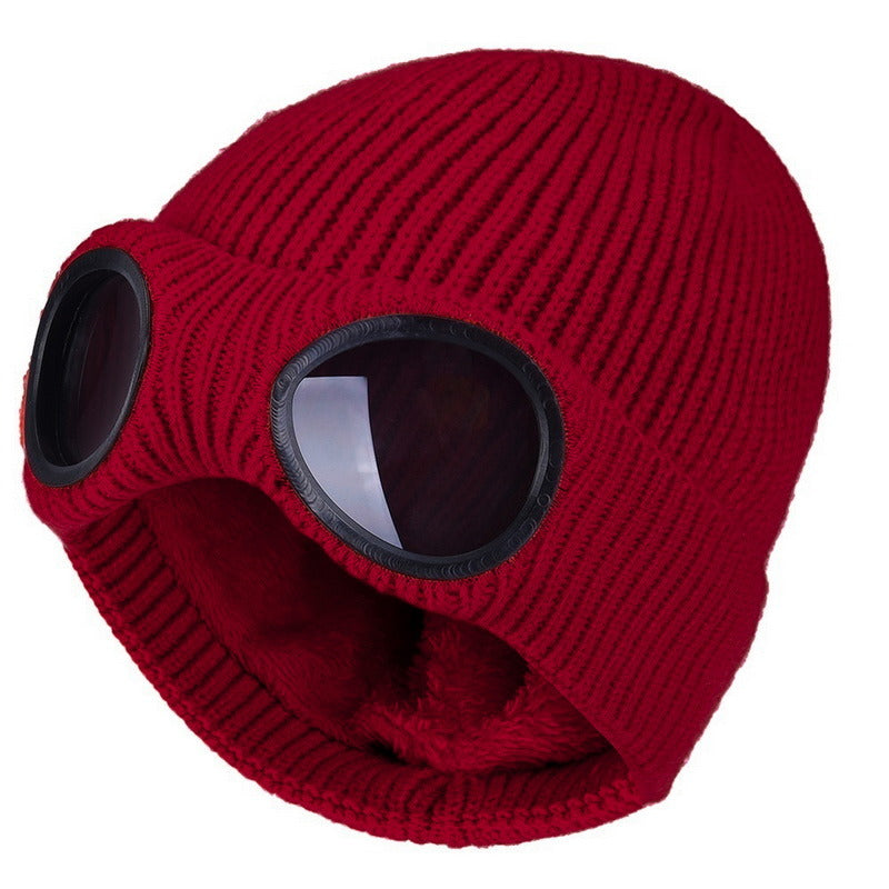 New Winter Hat With Lenses Goggle Beanie Hat With Lenses Knitted Beanies Thick Fleece Warm Hat Unisex Adult Multi-Function Caps