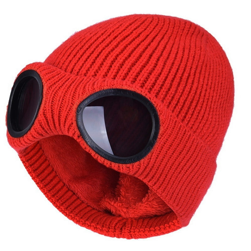 New Winter Hat With Lenses Goggle Beanie Hat With Lenses Knitted Beanies Thick Fleece Warm Hat Unisex Adult Multi-Function Caps