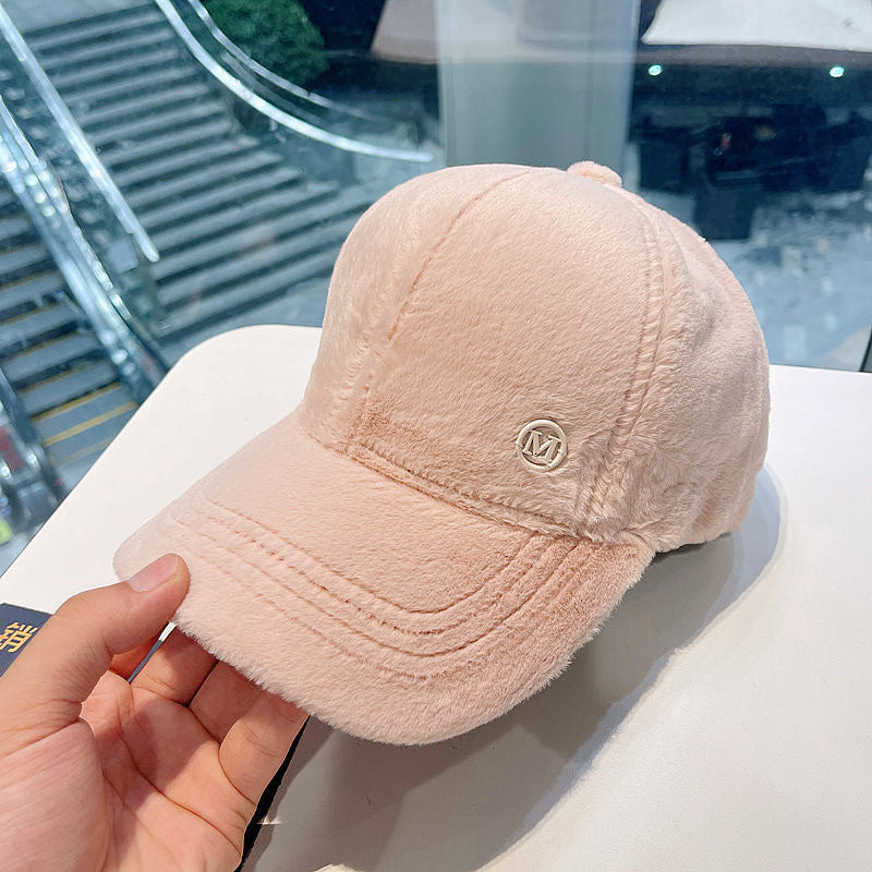 M Letter Rabbit Fur Blended Cap Ins Tide Brand Female Autumn And Winter All-match Plush Hat Suitable For Face Big Baseball Caps