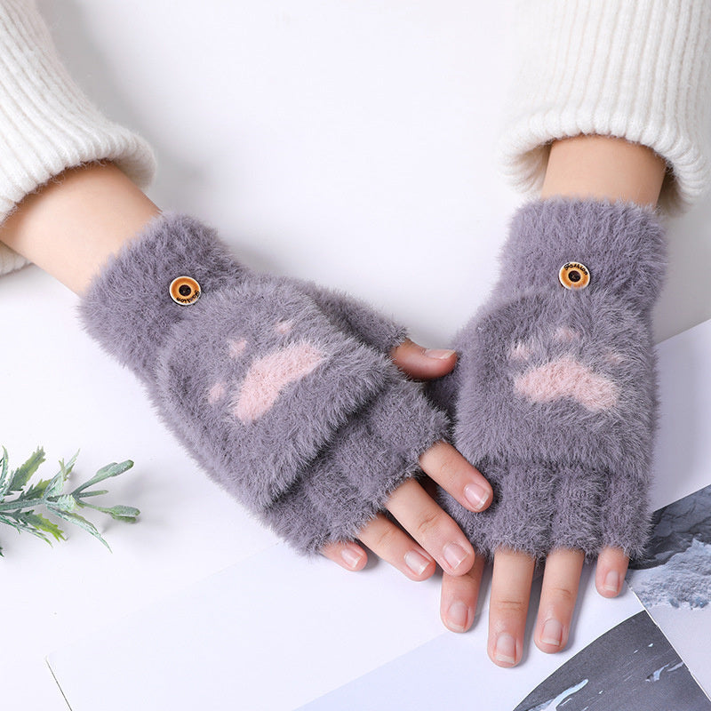 Fashion Cat Paw Printing Gloves Mobile Phone Touchscreen Knitted Gloves Winter Thick &amp; Warm Adult Soft Fluffy Gloves Men's Women