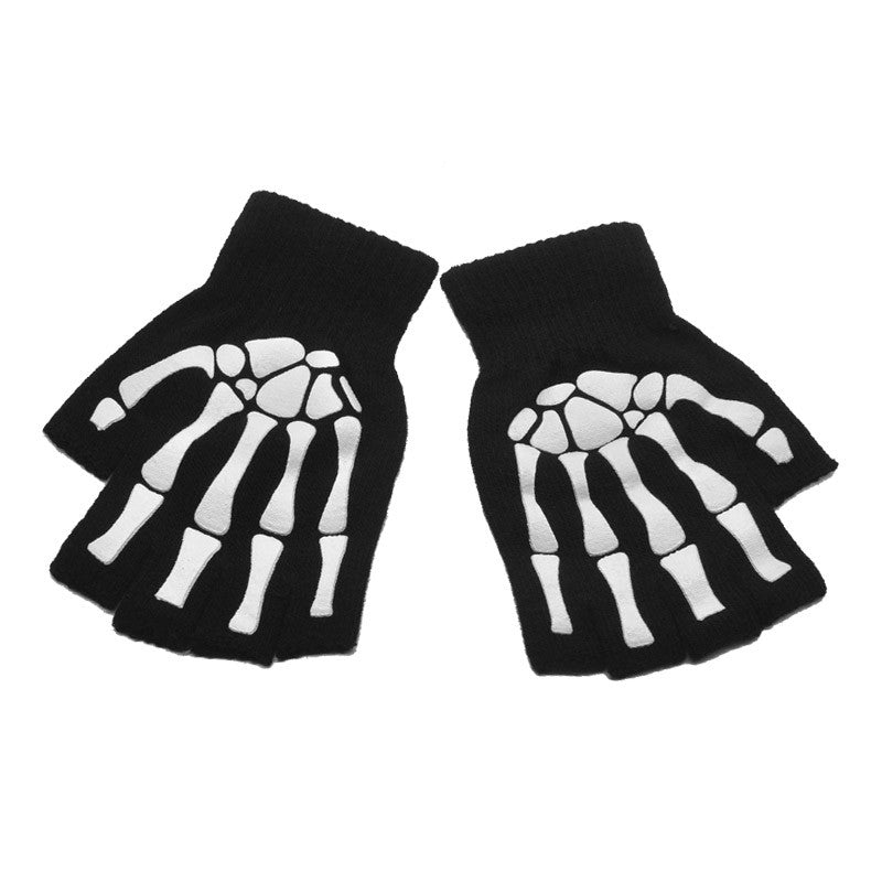 New Punk Gloves Unisex Halloween Skeleton Skull Half Finger Gloves Glow In The Dark Fingerless Stretch Knitted Winter Mittens