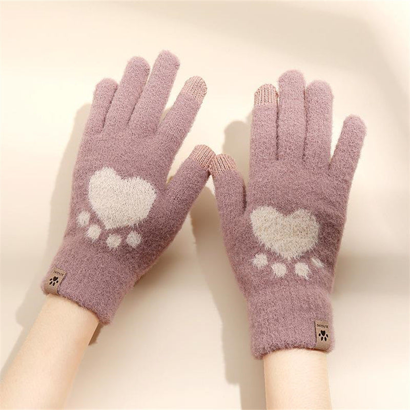 Fashion Cat Paw Printing Gloves Mobile Phone Touchscreen Knitted Gloves Winter Thick &amp; Warm Adult Soft Fluffy Gloves Men's Women