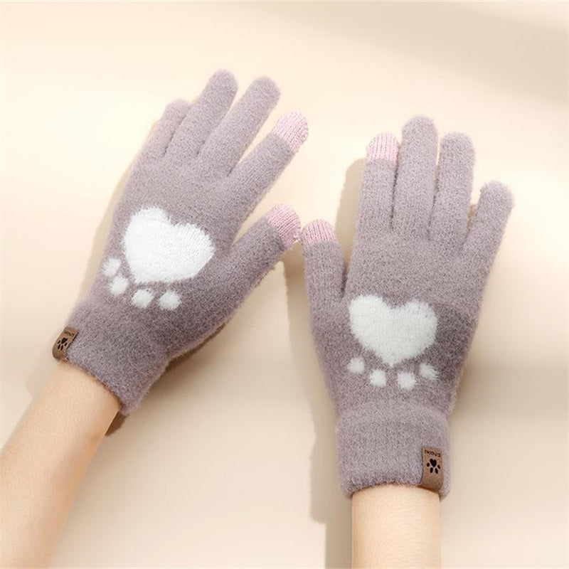 Fashion Cat Paw Printing Gloves Mobile Phone Touchscreen Knitted Gloves Winter Thick &amp; Warm Adult Soft Fluffy Gloves Men's Women