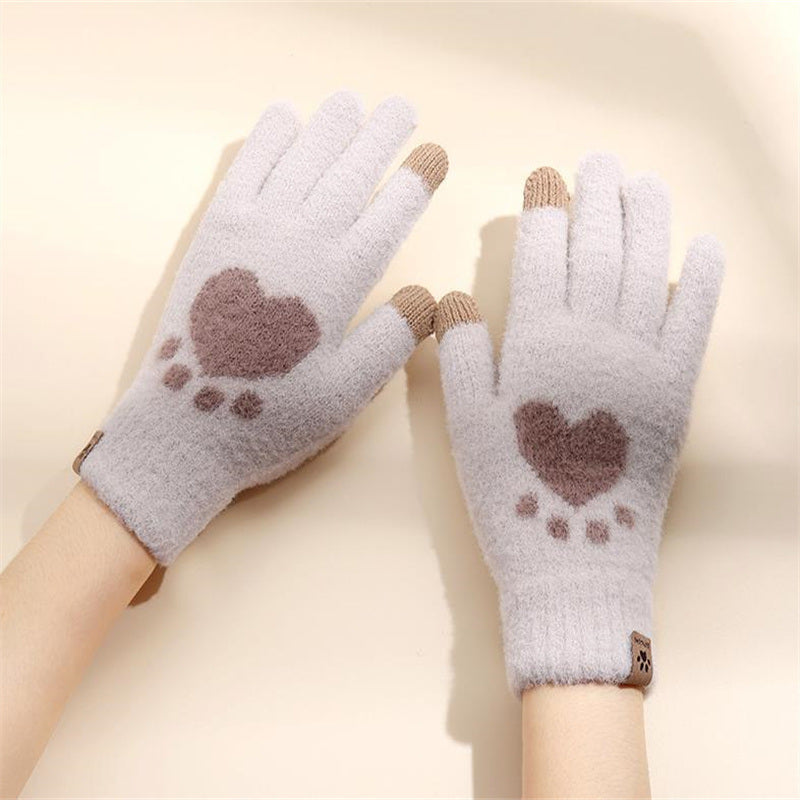 Fashion Cat Paw Printing Gloves Mobile Phone Touchscreen Knitted Gloves Winter Thick &amp; Warm Adult Soft Fluffy Gloves Men's Women