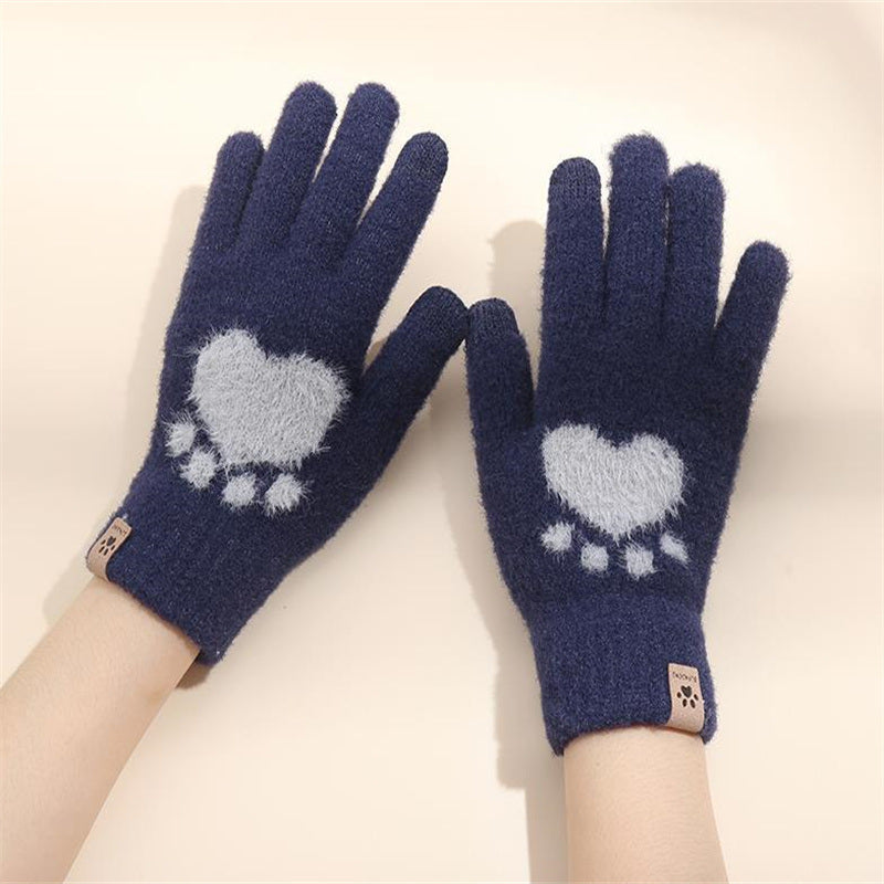 Fashion Cat Paw Printing Gloves Mobile Phone Touchscreen Knitted Gloves Winter Thick &amp; Warm Adult Soft Fluffy Gloves Men's Women