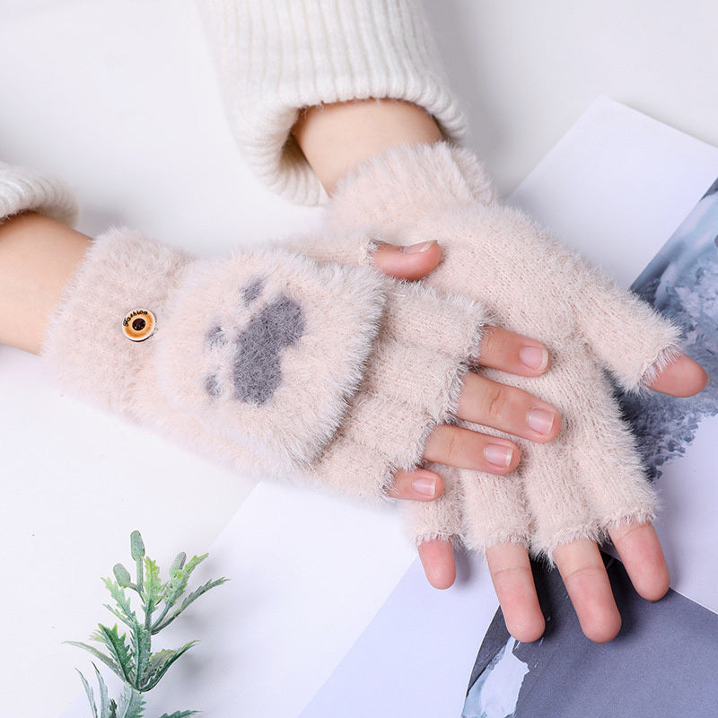 Fashion Cat Paw Printing Gloves Mobile Phone Touchscreen Knitted Gloves Winter Thick &amp; Warm Adult Soft Fluffy Gloves Men's Women