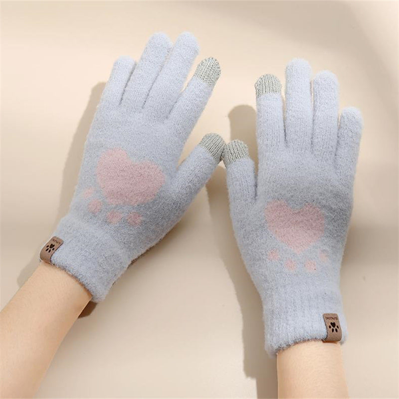 Fashion Cat Paw Printing Gloves Mobile Phone Touchscreen Knitted Gloves Winter Thick &amp; Warm Adult Soft Fluffy Gloves Men's Women