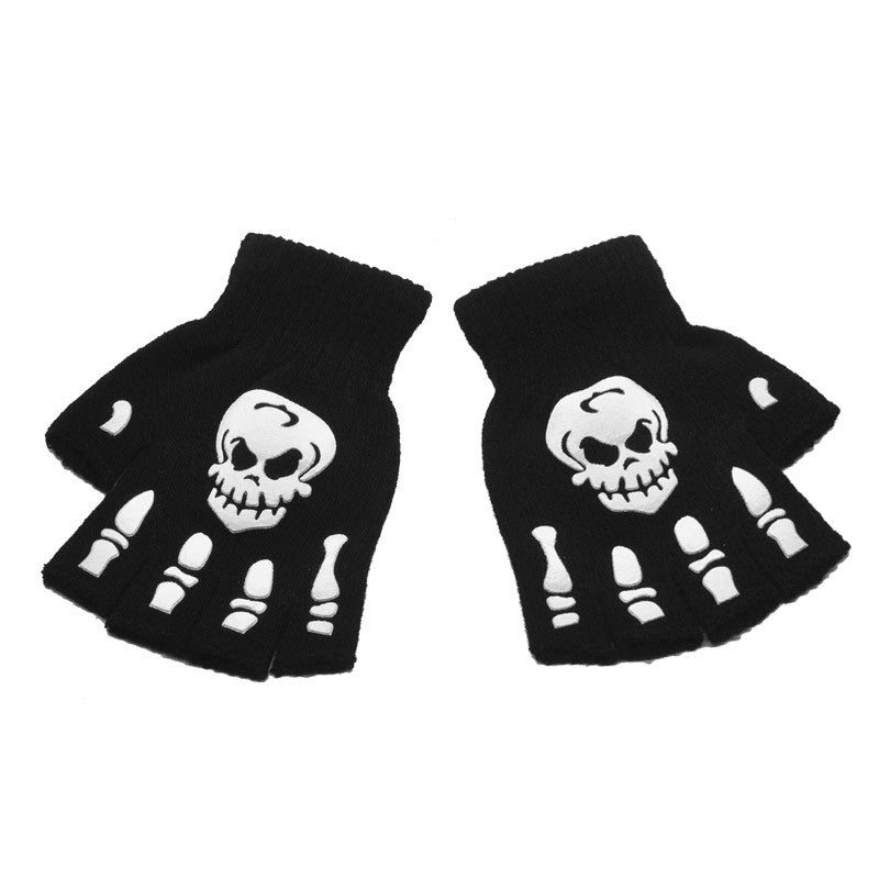 New Punk Gloves Unisex Halloween Skeleton Skull Half Finger Gloves Glow In The Dark Fingerless Stretch Knitted Winter Mittens