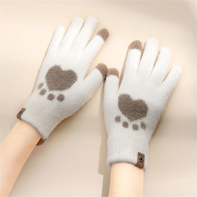 Fashion Cat Paw Printing Gloves Mobile Phone Touchscreen Knitted Gloves Winter Thick &amp; Warm Adult Soft Fluffy Gloves Men's Women