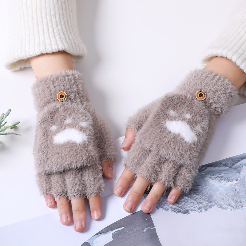 Fashion Cat Paw Printing Gloves Mobile Phone Touchscreen Knitted Gloves Winter Thick &amp; Warm Adult Soft Fluffy Gloves Men's Women