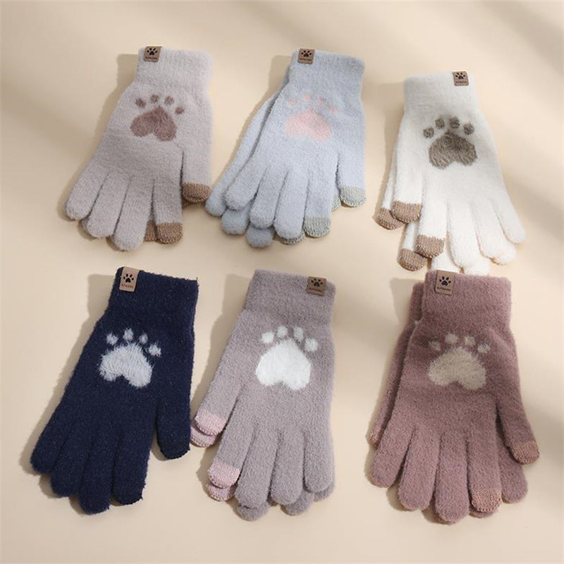 Fashion Cat Paw Printing Gloves Mobile Phone Touchscreen Knitted Gloves Winter Thick &amp; Warm Adult Soft Fluffy Gloves Men's Women