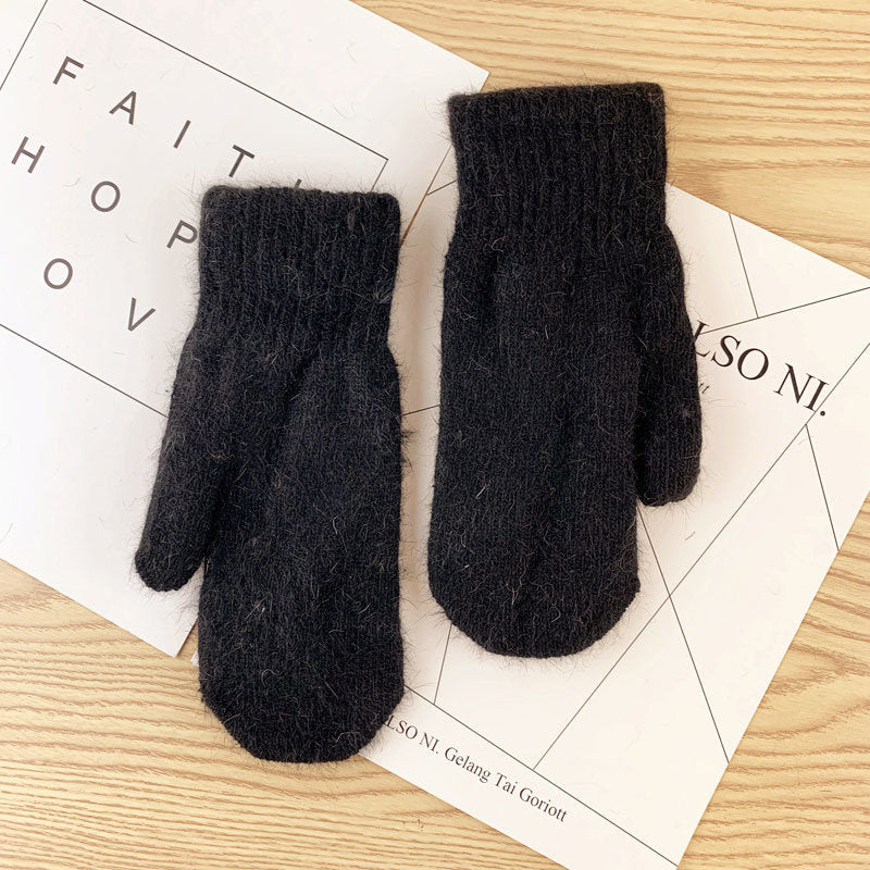 Double-layer rabbit hair gloves female winter Korean version of solid color all fingers winter women gloves girls mittens