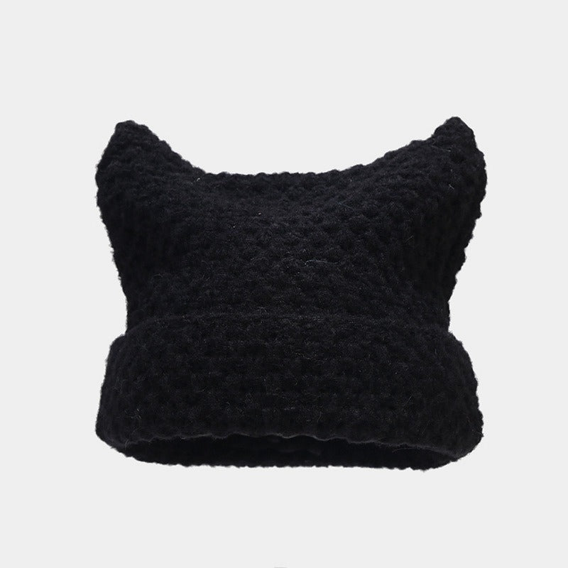 New Japanese Streetwear Harajuku Beanie Little Devil Striped Knitted Hat Women Autumn Winter Cute Cat Ears Cap