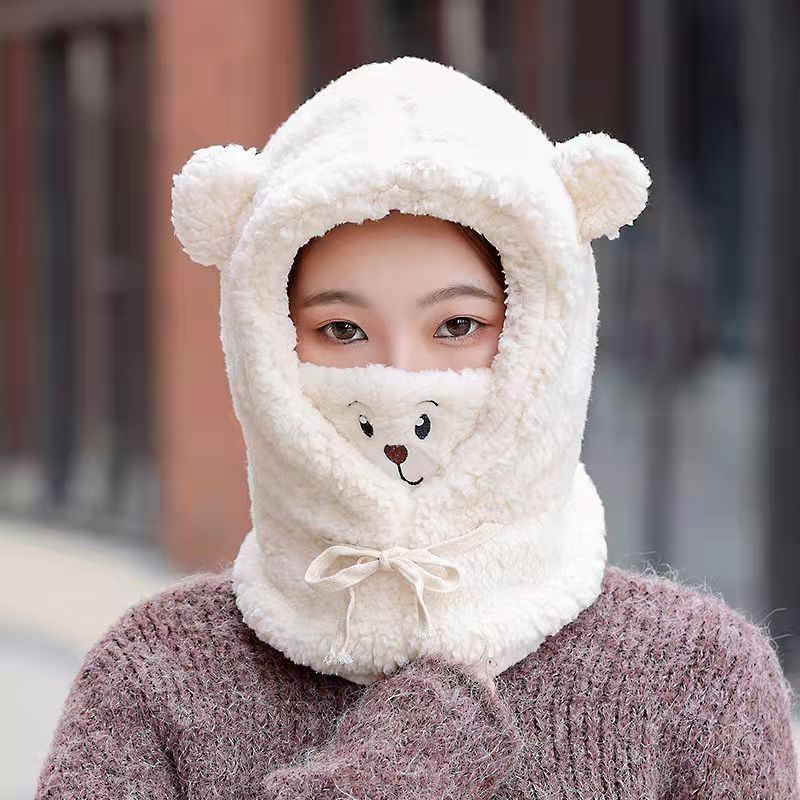 Winter Cute Cartoon Bear Ear Lamb Plush Warm Panda Caps Scarf Set Mask Thickened Protection Ear Hat Women Girl New Year Gift