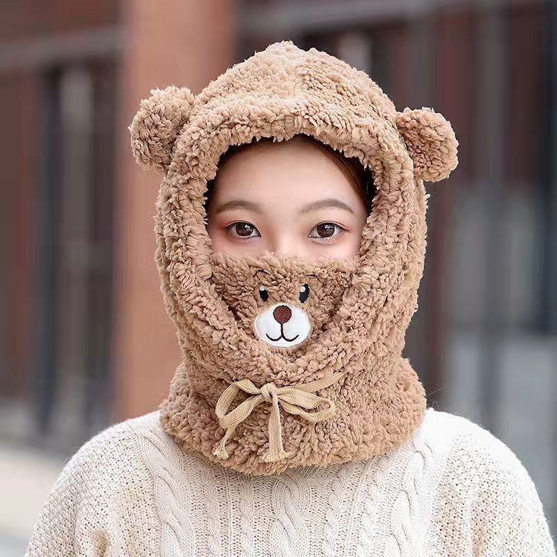 Winter Cute Cartoon Bear Ear Lamb Plush Warm Panda Caps Scarf Set Mask Thickened Protection Ear Hat Women Girl New Year Gift