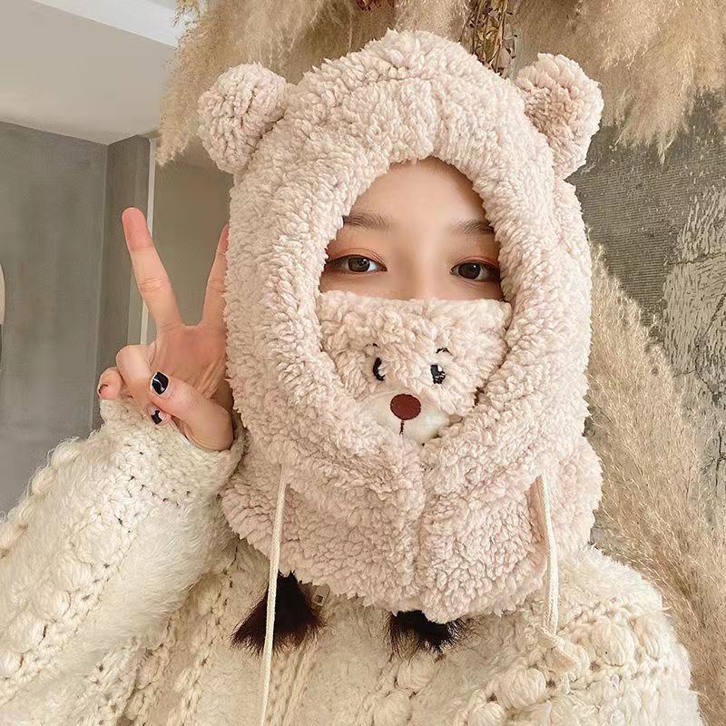 Winter Cute Cartoon Bear Ear Lamb Plush Warm Panda Caps Scarf Set Mask Thickened Protection Ear Hat Women Girl New Year Gift