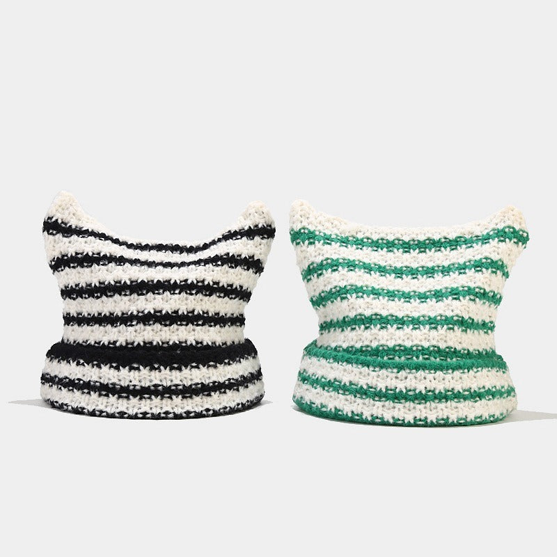 New Japanese Streetwear Harajuku Beanie Little Devil Striped Knitted Hat Women Autumn Winter Cute Cat Ears Cap