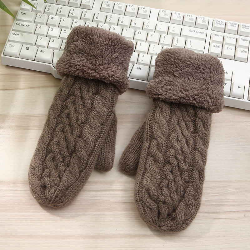 Women Fashion Knit Twist Flowers Mittens Winter Female Wool Plus Cashmere Velvet Thickening Warm Full Finger Gloves Guantes