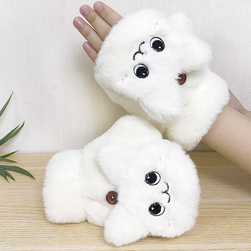 Cute Rabbit Fur Knit Mittens Plush Fingerless Gloves Flip Half Finger Driving Glove Winter Soft Warm Thick Gloves for Women Girl