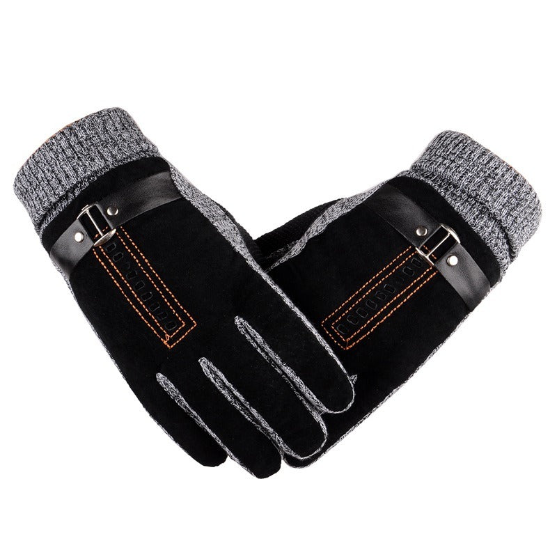 Winter Men's Warm Gloves Genuine Suede Pig Leather Gloves Mittens Male Thick Bike Motorcycle Gloves Men Knitted Guantes