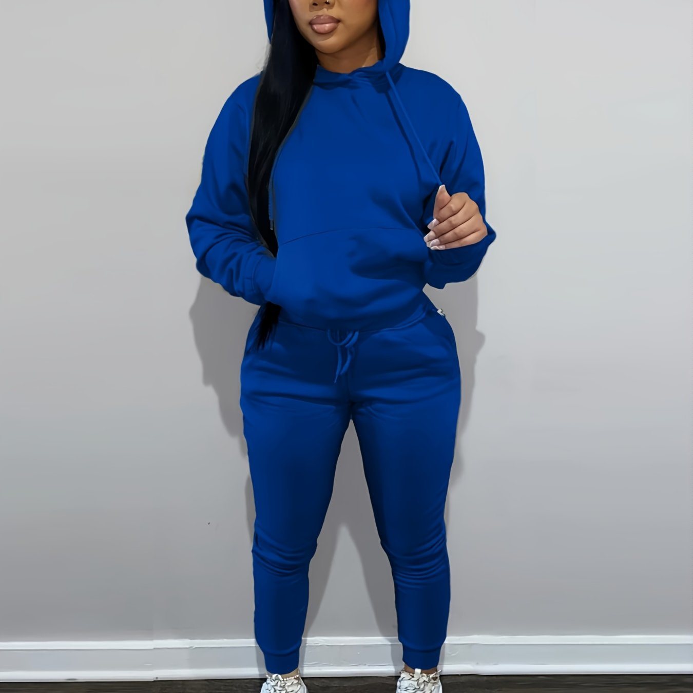 Casual Drawstring Pantsuits Two-piece Set; Pocket Hoodies Tops & Loose Long Sweatpants Set; Women's Clothing