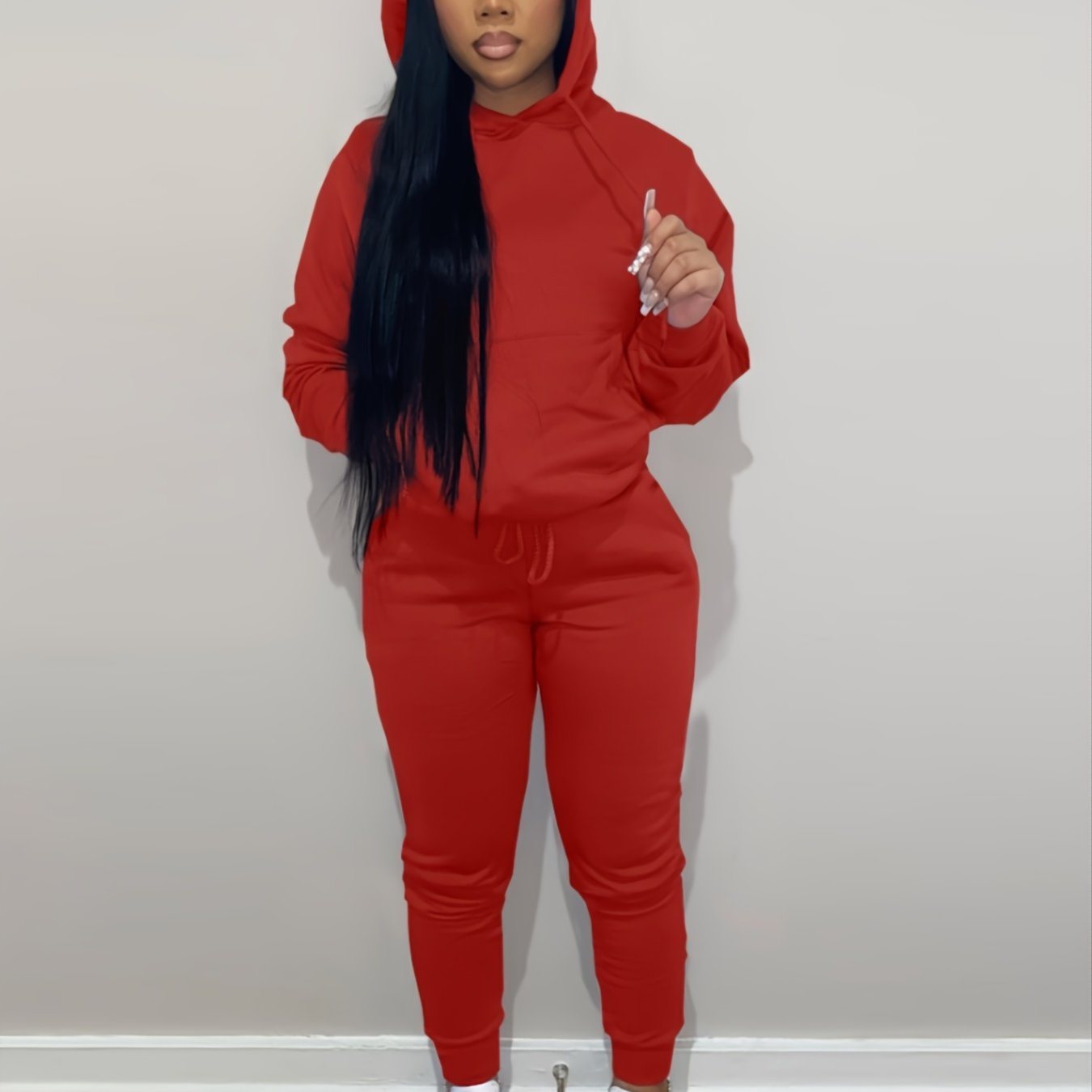 Casual Drawstring Pantsuits Two-piece Set; Pocket Hoodies Tops & Loose Long Sweatpants Set; Women's Clothing