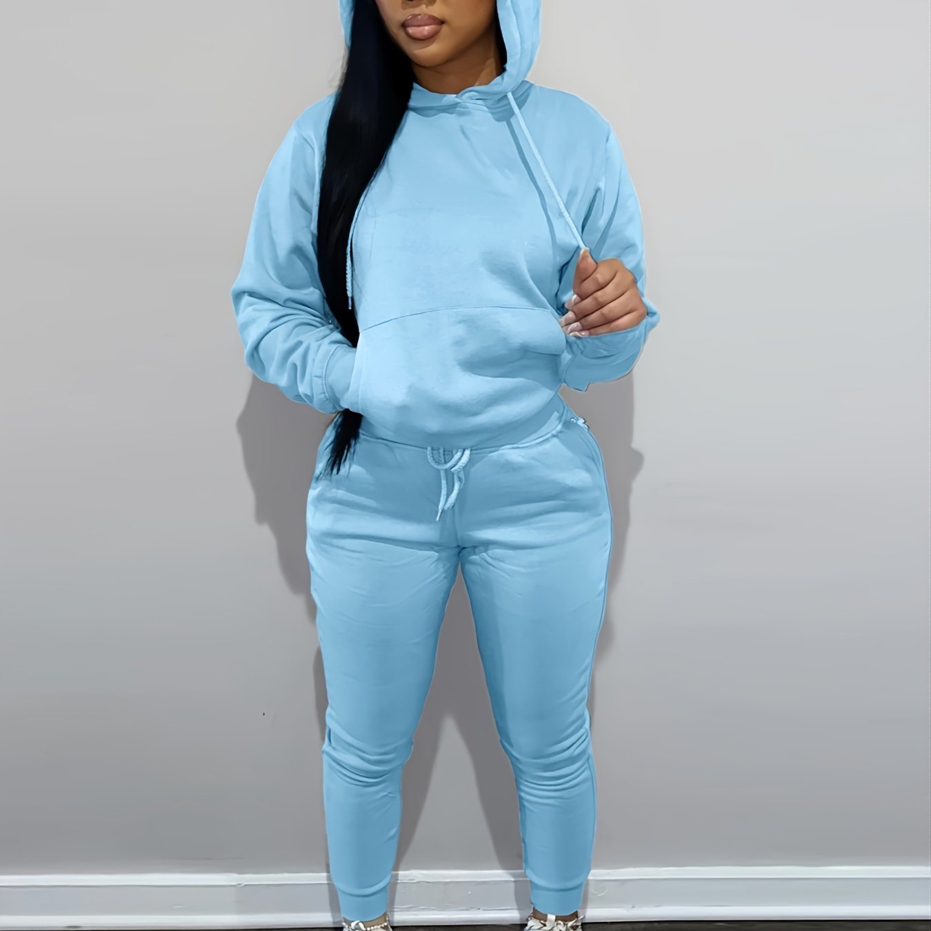 Casual Drawstring Pantsuits Two-piece Set; Pocket Hoodies Tops & Loose Long Sweatpants Set; Women's Clothing