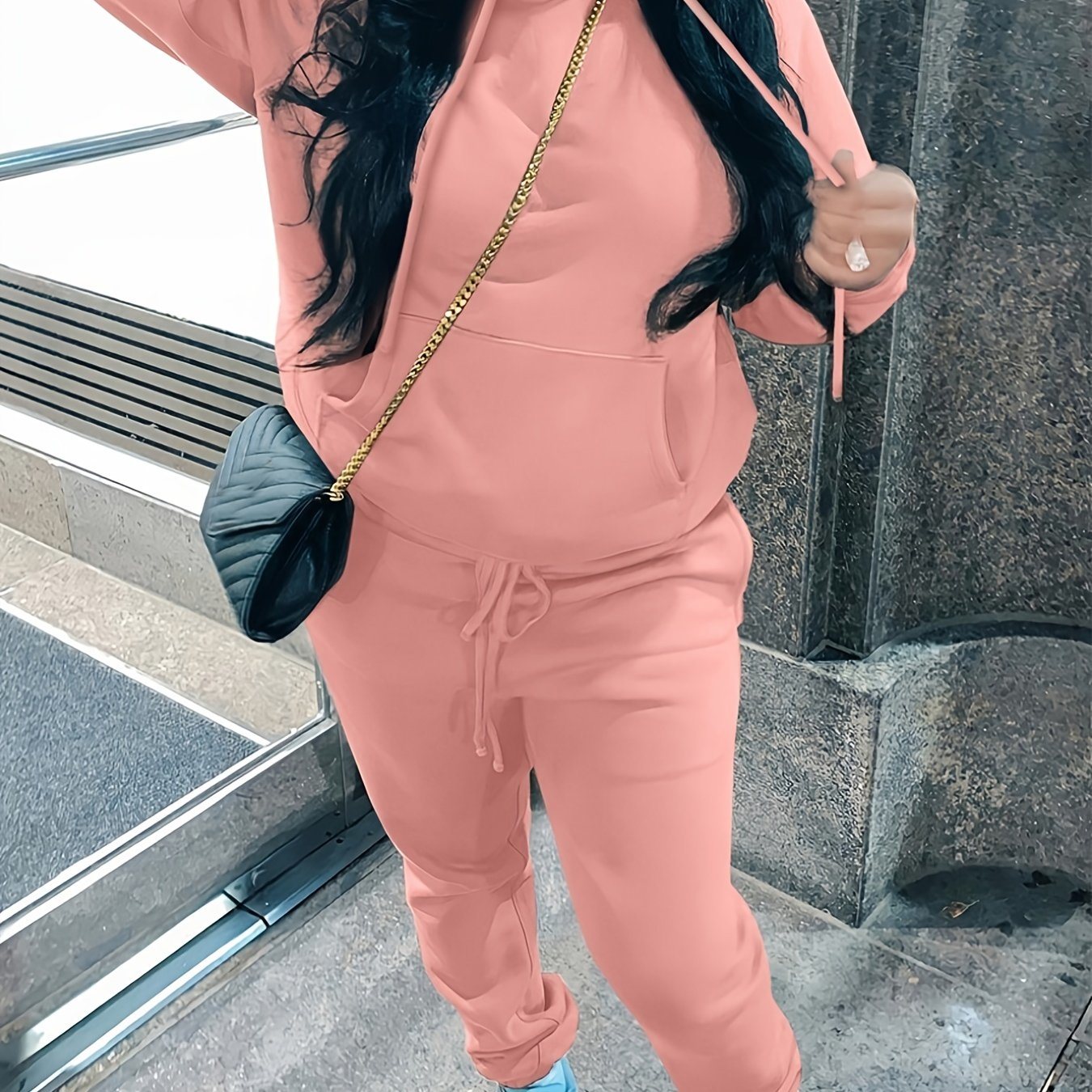 Casual Drawstring Pantsuits Two-piece Set; Pocket Hoodies Tops & Loose Long Sweatpants Set; Women's Clothing