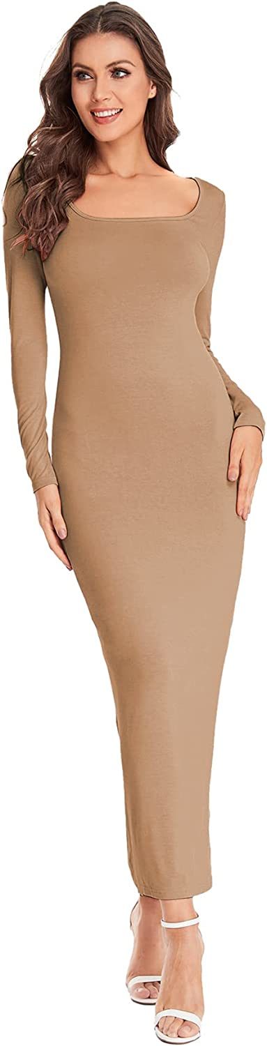 Women's Long Sleeve Square Neck Bodycon Maxi Long Dress