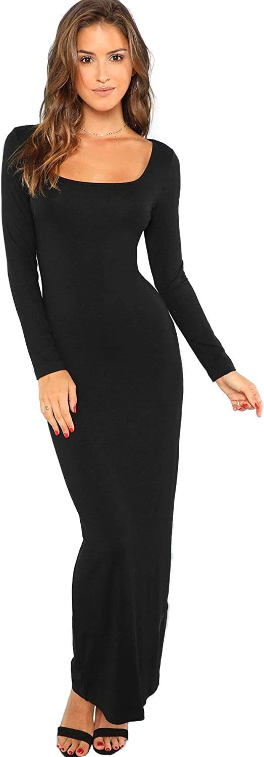 Women's Long Sleeve Square Neck Bodycon Maxi Long Dress