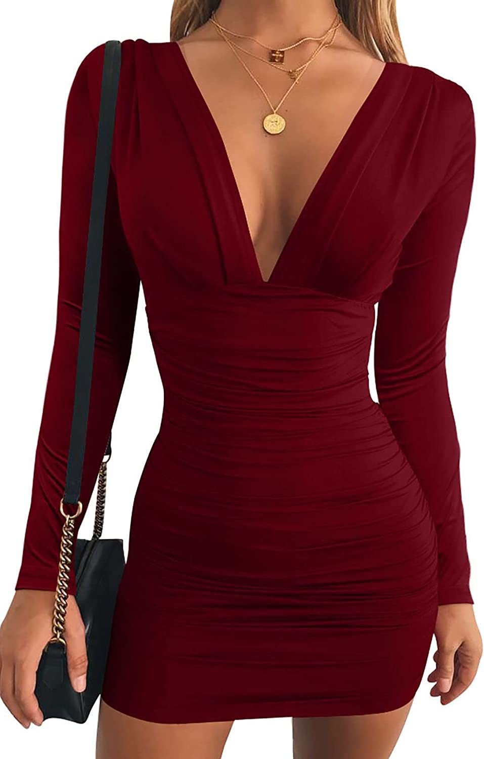 Women's Sexy Long Sleeve V Neck Ruched Bodycon Mini Party Cocktail Dress