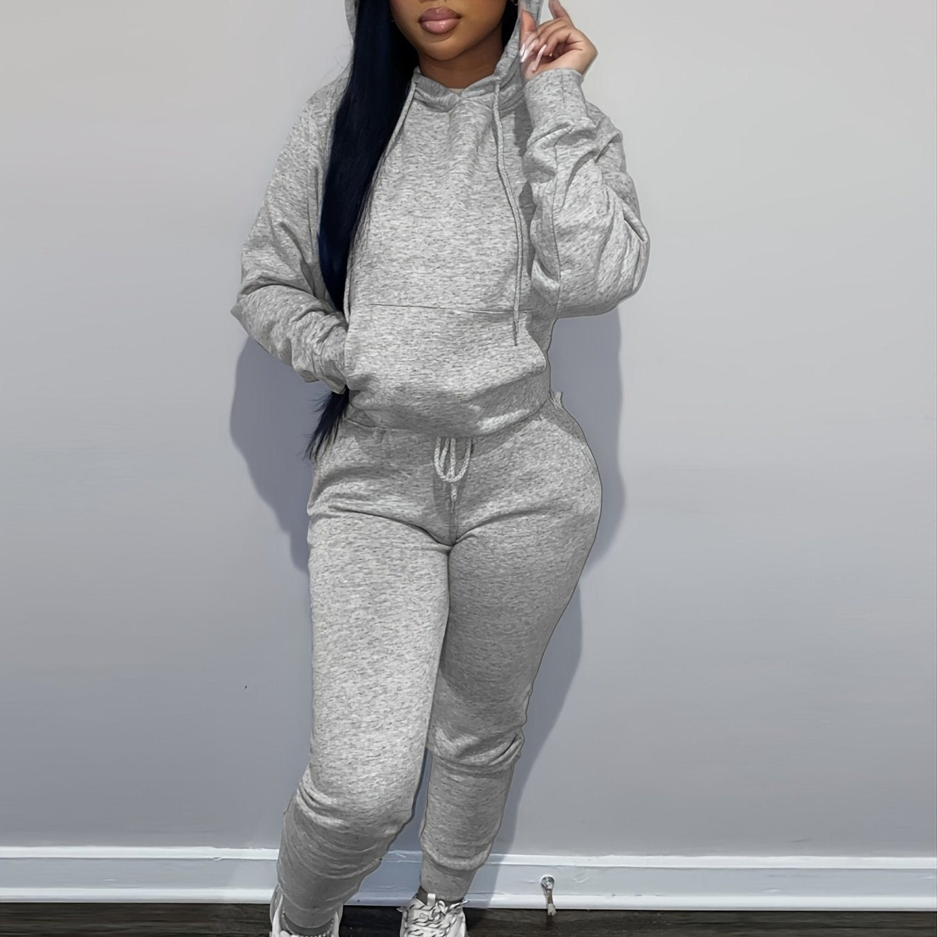 Casual Drawstring Pantsuits Two-piece Set; Pocket Hoodies Tops & Loose Long Sweatpants Set; Women's Clothing