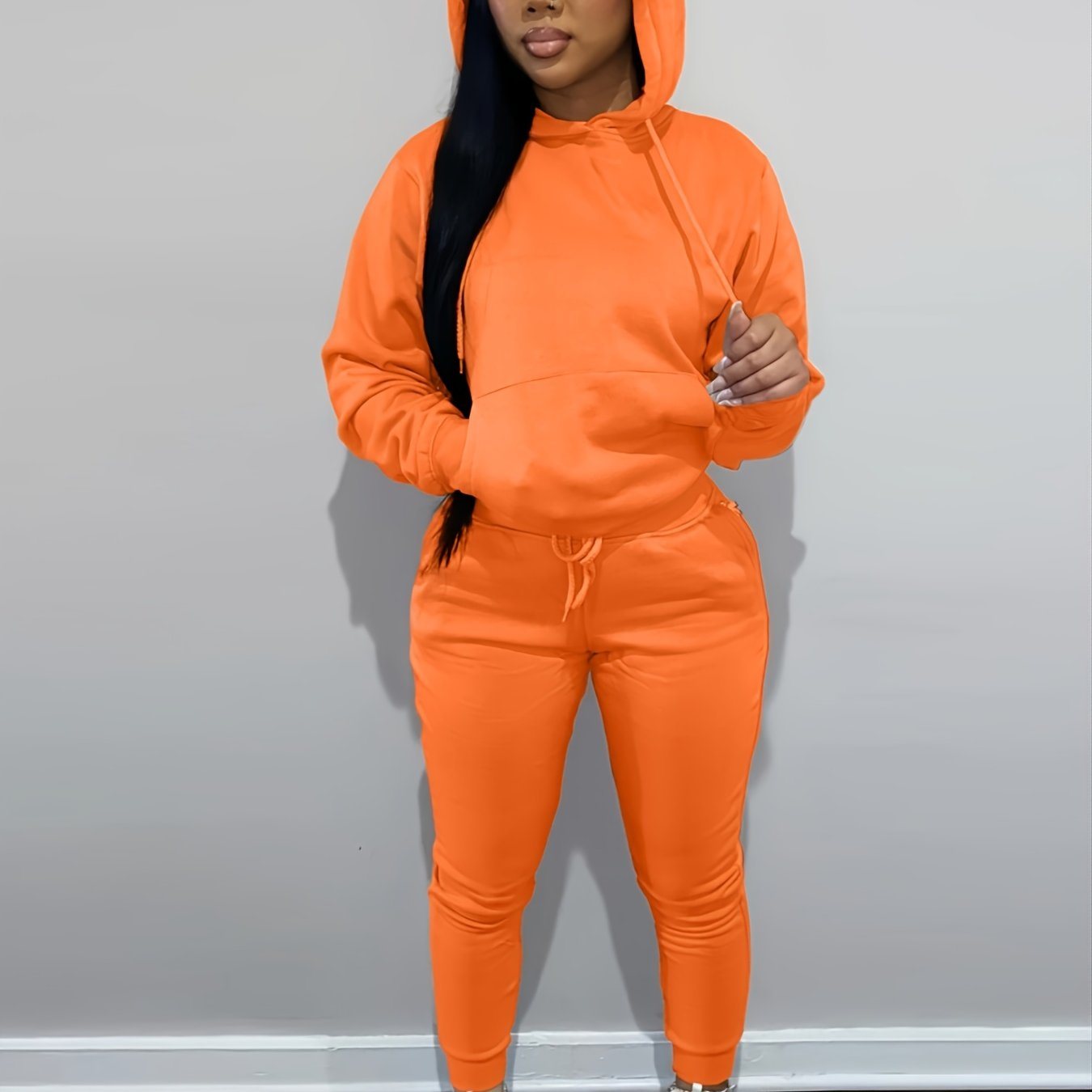 Casual Drawstring Pantsuits Two-piece Set; Pocket Hoodies Tops & Loose Long Sweatpants Set; Women's Clothing