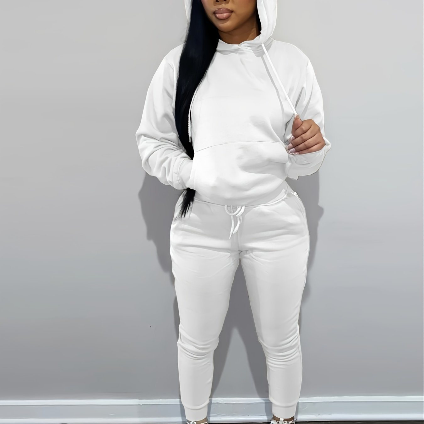 Casual Drawstring Pantsuits Two-piece Set; Pocket Hoodies Tops & Loose Long Sweatpants Set; Women's Clothing