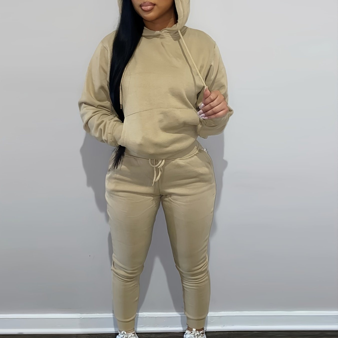 Casual Drawstring Pantsuits Two-piece Set; Pocket Hoodies Tops & Loose Long Sweatpants Set; Women's Clothing