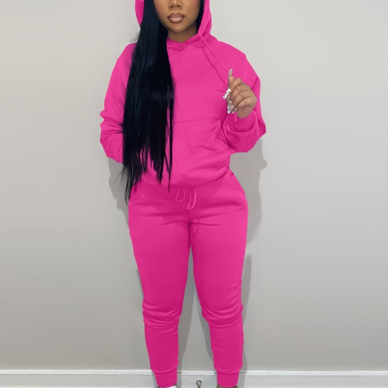 Casual Drawstring Pantsuits Two-piece Set; Pocket Hoodies Tops & Loose Long Sweatpants Set; Women's Clothing