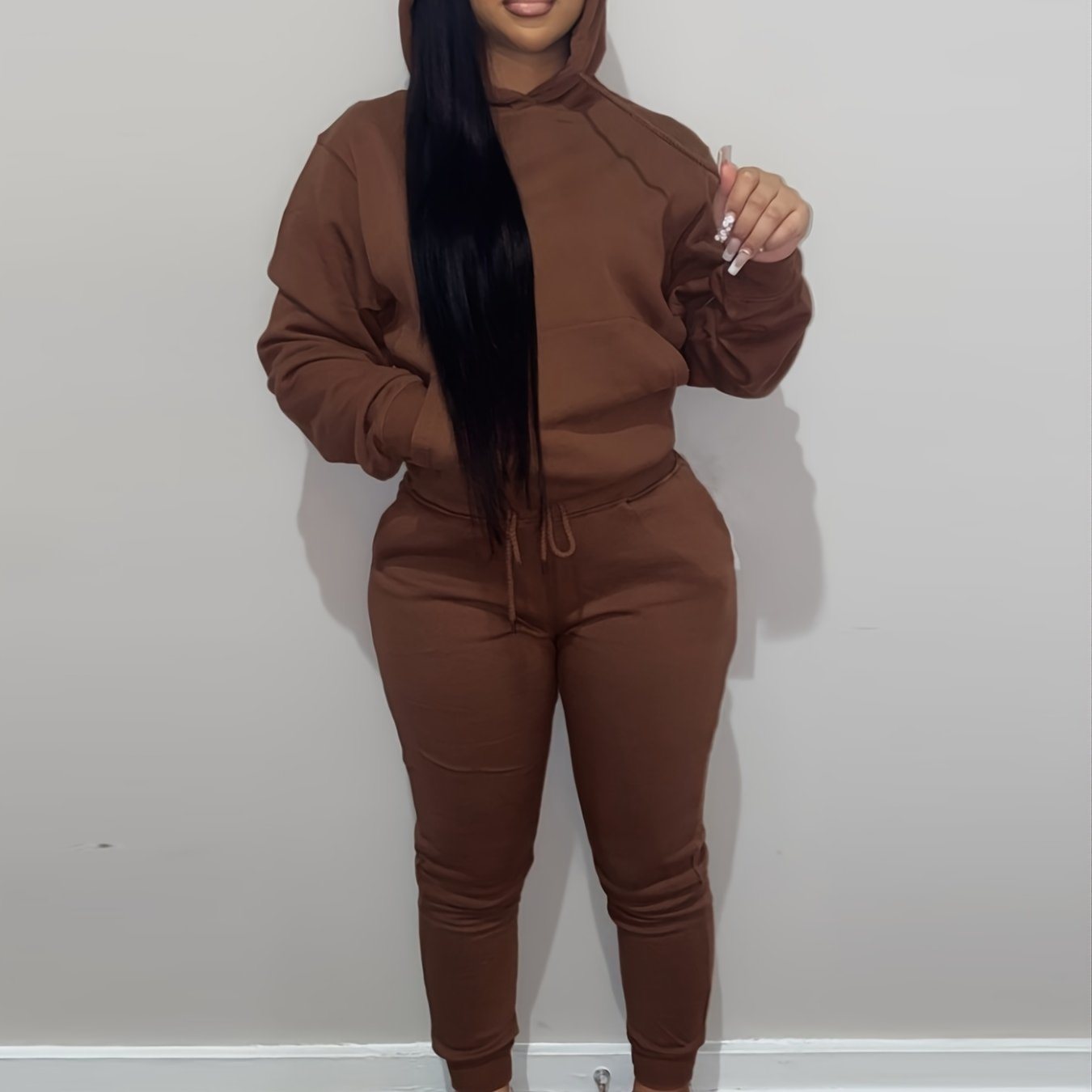 Casual Drawstring Pantsuits Two-piece Set; Pocket Hoodies Tops & Loose Long Sweatpants Set; Women's Clothing