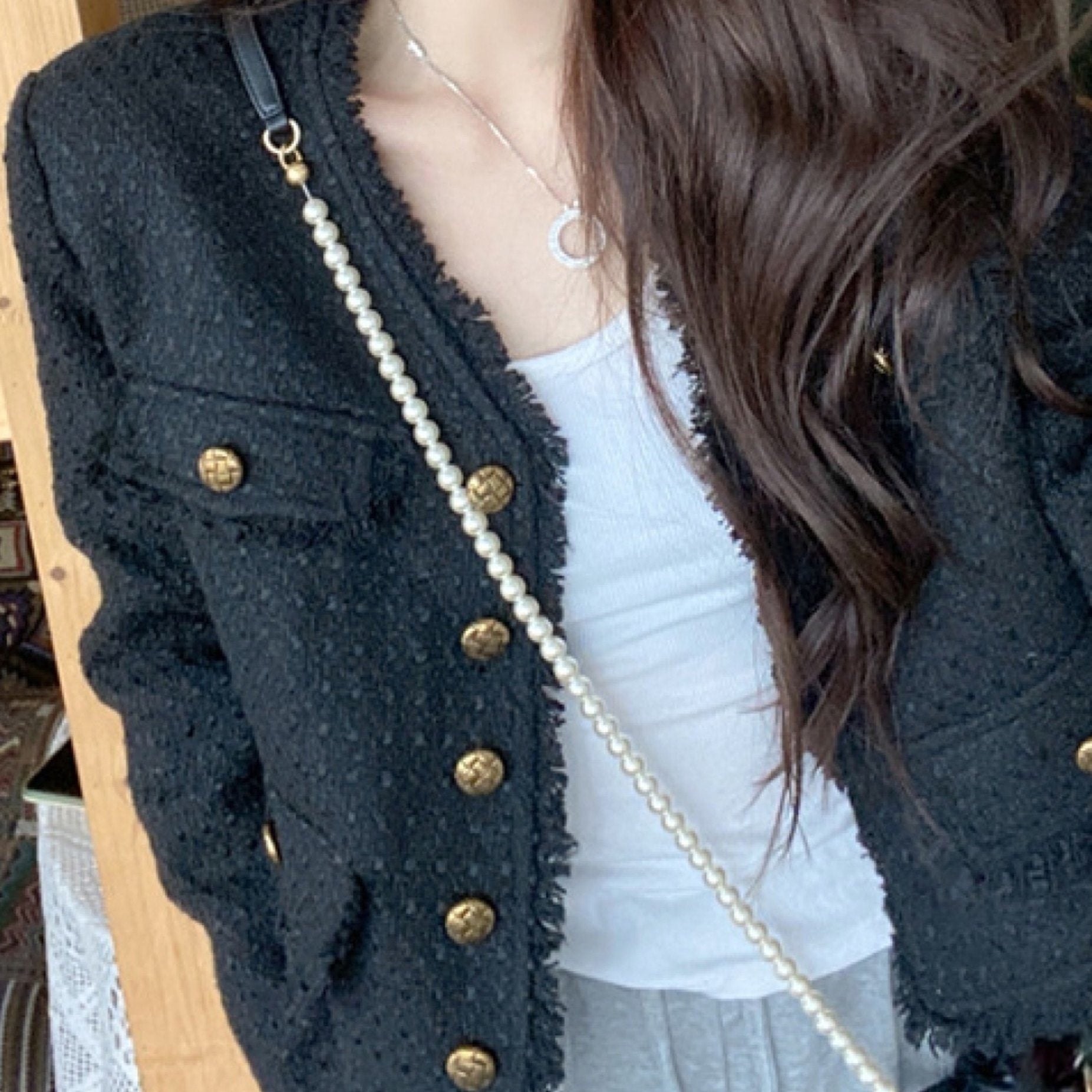 Loose V-neck Retro Tassel Black Short Coat; Women's Coat