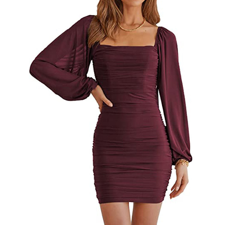 Women's Mesh Long Sleeve Square Neck Ruched Party Club Cocktail Bodycon Mini Dress