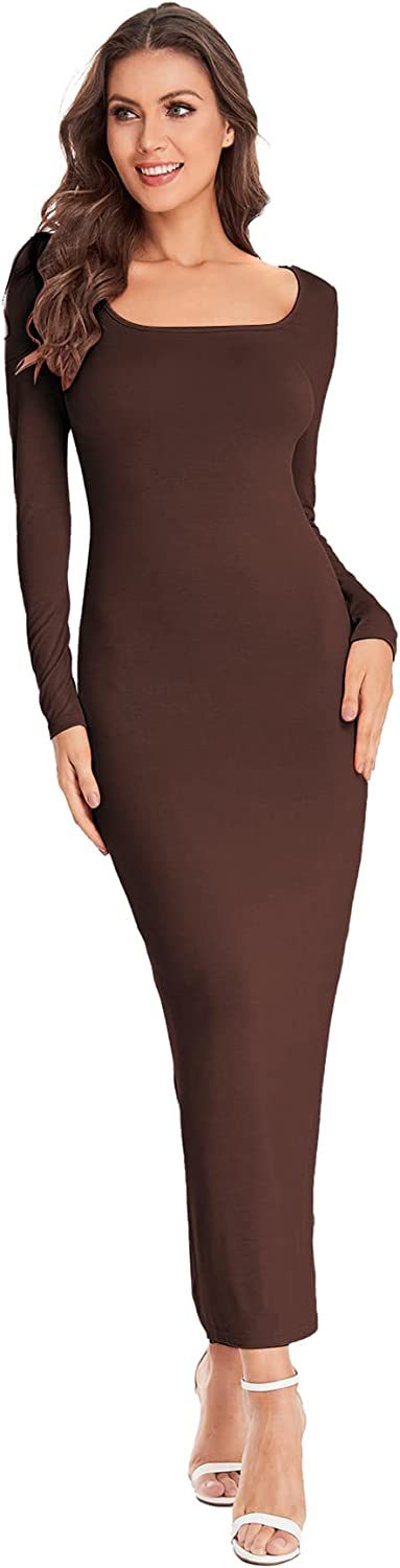 Women's Long Sleeve Square Neck Bodycon Maxi Long Dress