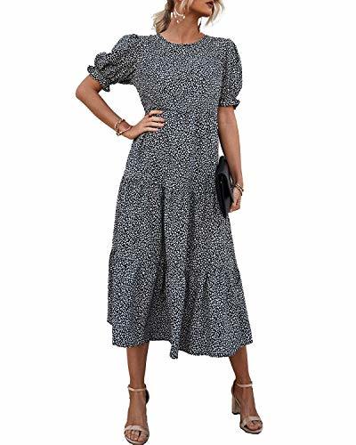 Women's Summer Casual Boho Dress Floral Print Ruffle Puff Sleeve High Waist Midi Beach Dresses